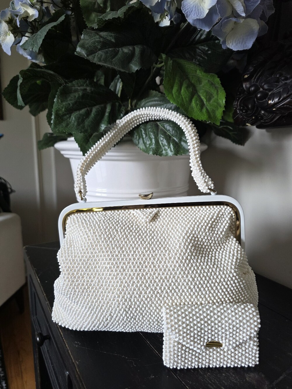 Vtg Lumured Corde Bead Handbag Beaded Clutch Purse Pearl Look & Coin Purse